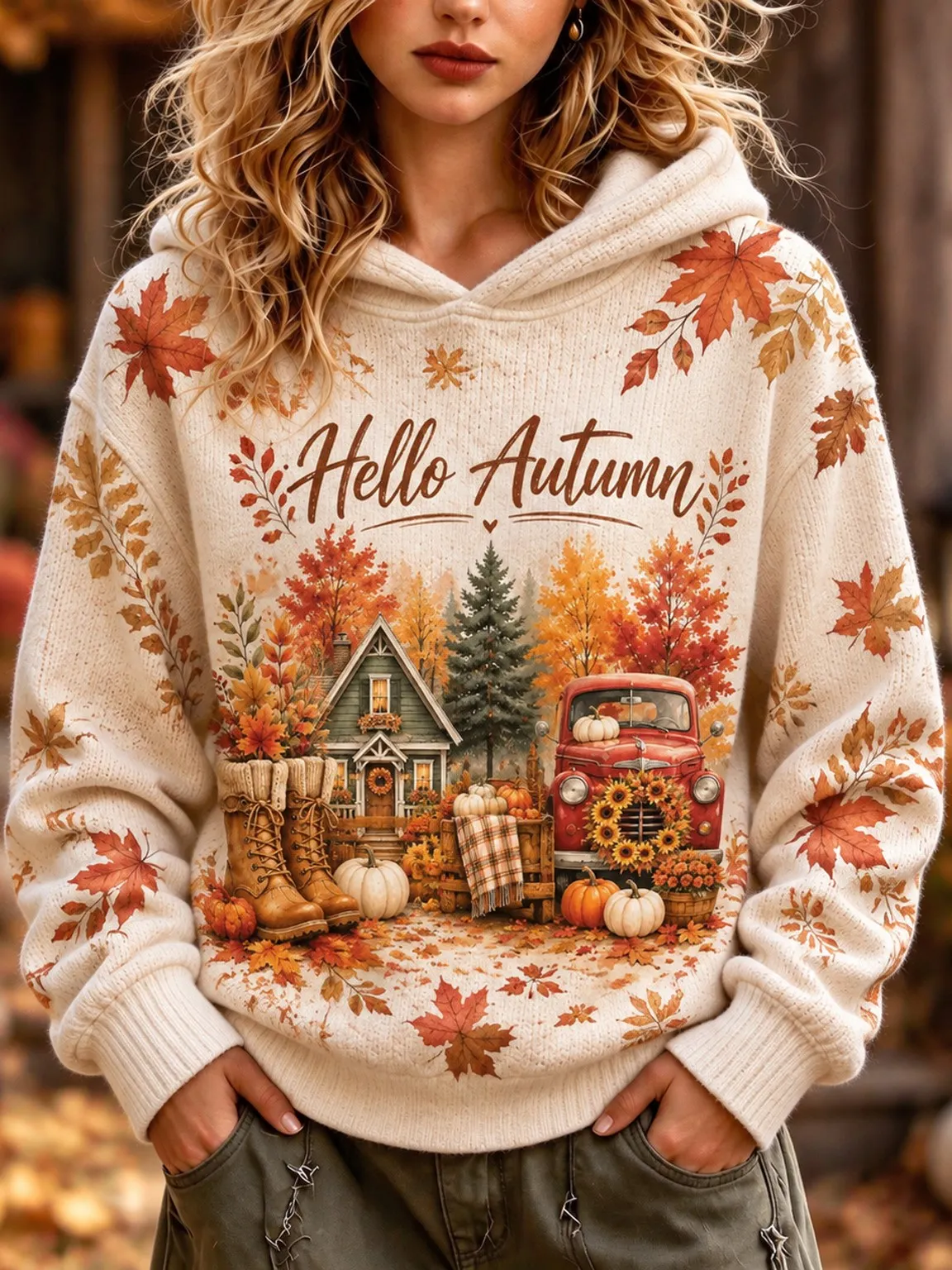 Comstylish Women's Autumn/winter Maple Leaf Print Hooded Sweater