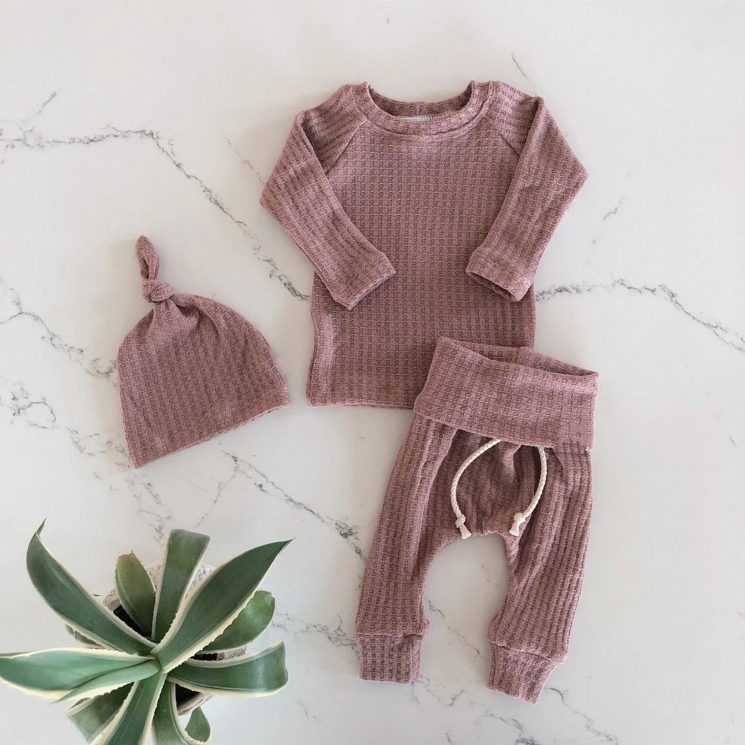 3pcs Infant Newborn Baby Cute Clothes Sets Girls Boys Autumn Warm Harem Pants Waffle Ribbed Solid Unisex Bodysuits+elastic Pants 1103