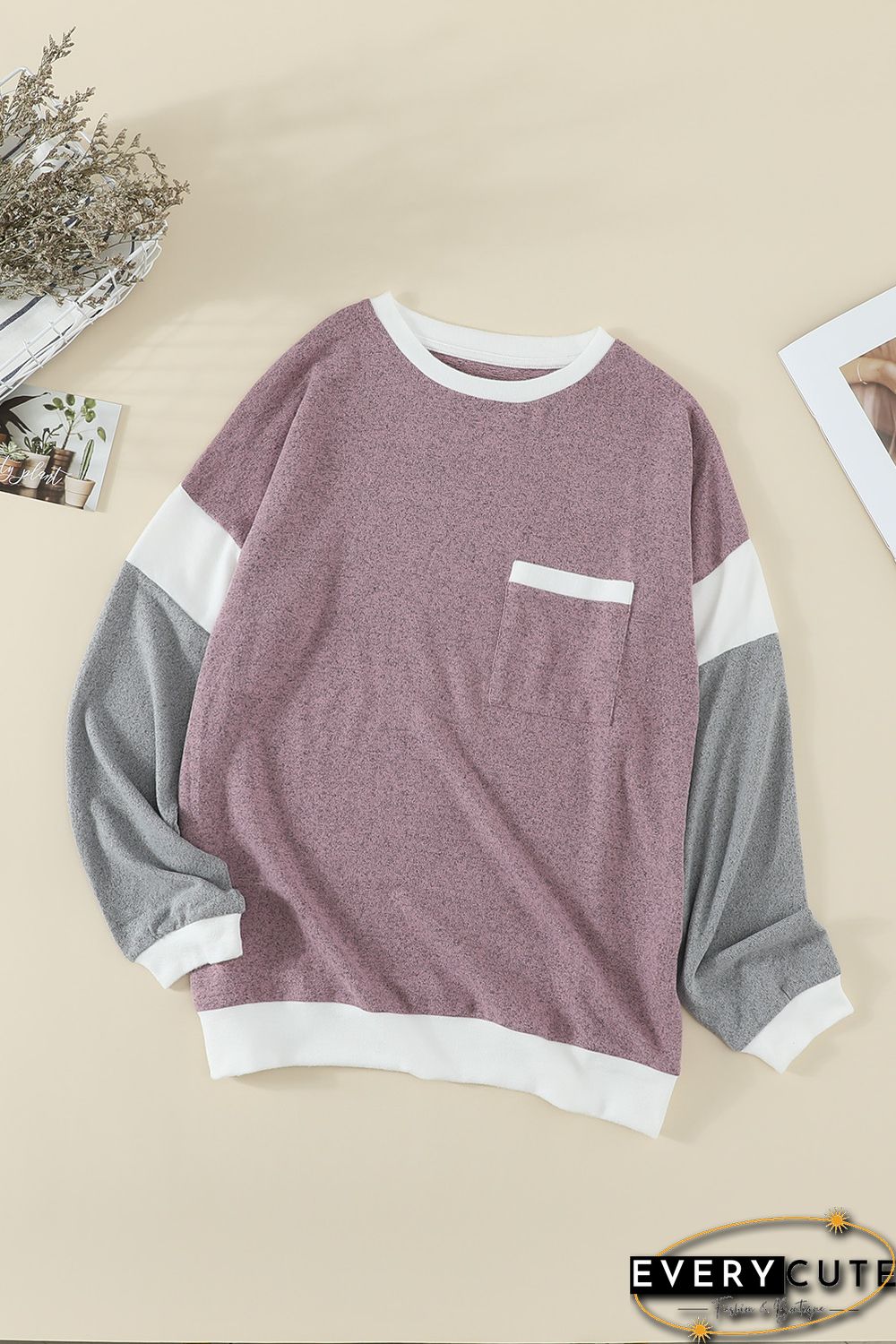 Splicing Sleeve Pink Knit Top