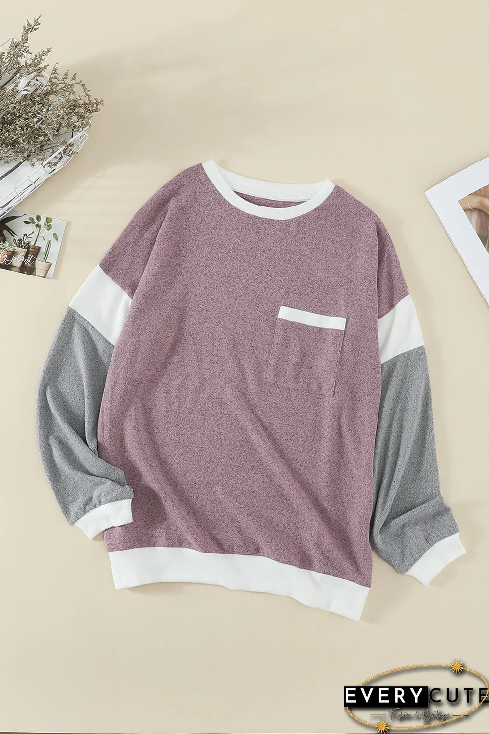 Splicing Sleeve Pink Knit Top