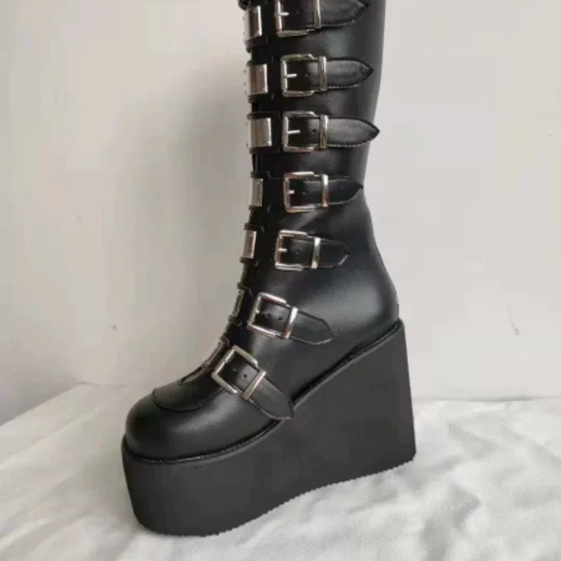 Qengg New Women's Martin Boots Fashion Wedge Knee-Length Metal Buckle High Heels Casual Platform Comfort Goth Boots Platform Boots
