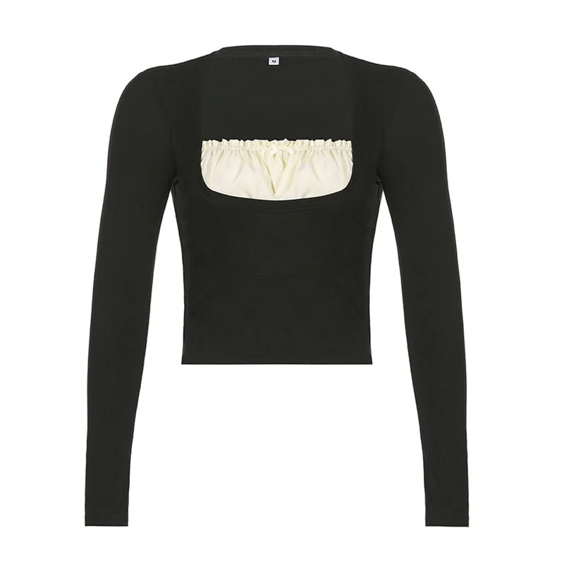 Xingqing Korean Cute Y2K Retro Cotton Tops Lace Patchwork Buttons Kawaii Tshirts Autumn Square Collar Chic Casual Shirts