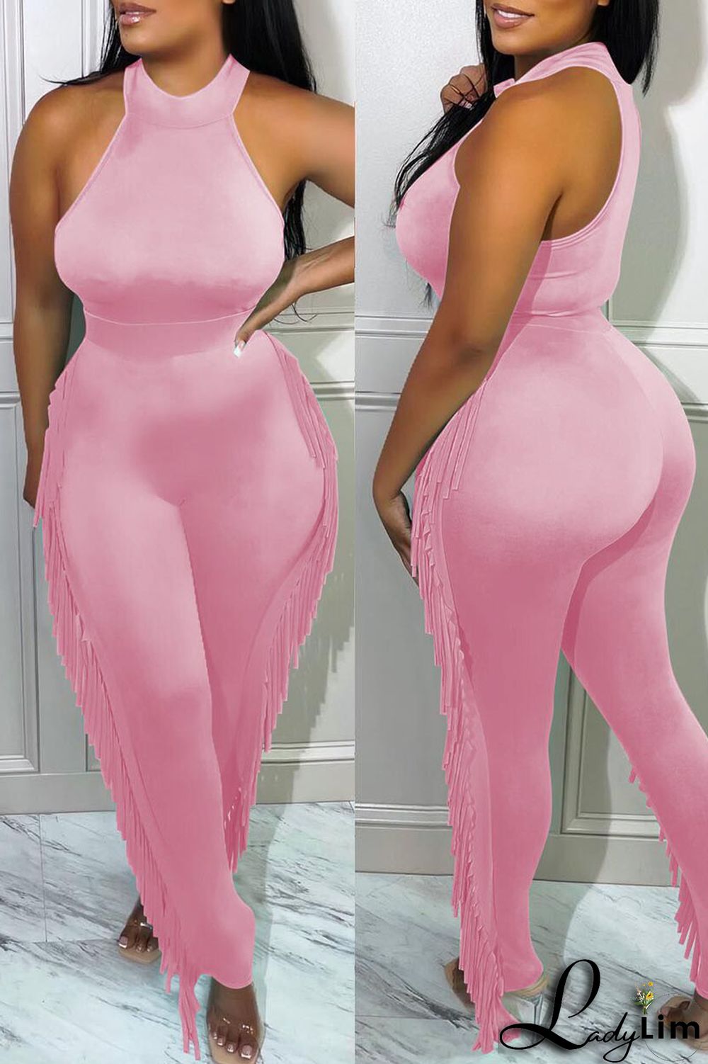 Black Fashion Casual Solid Tassel Patchwork O Neck Sleeveless Two Pieces