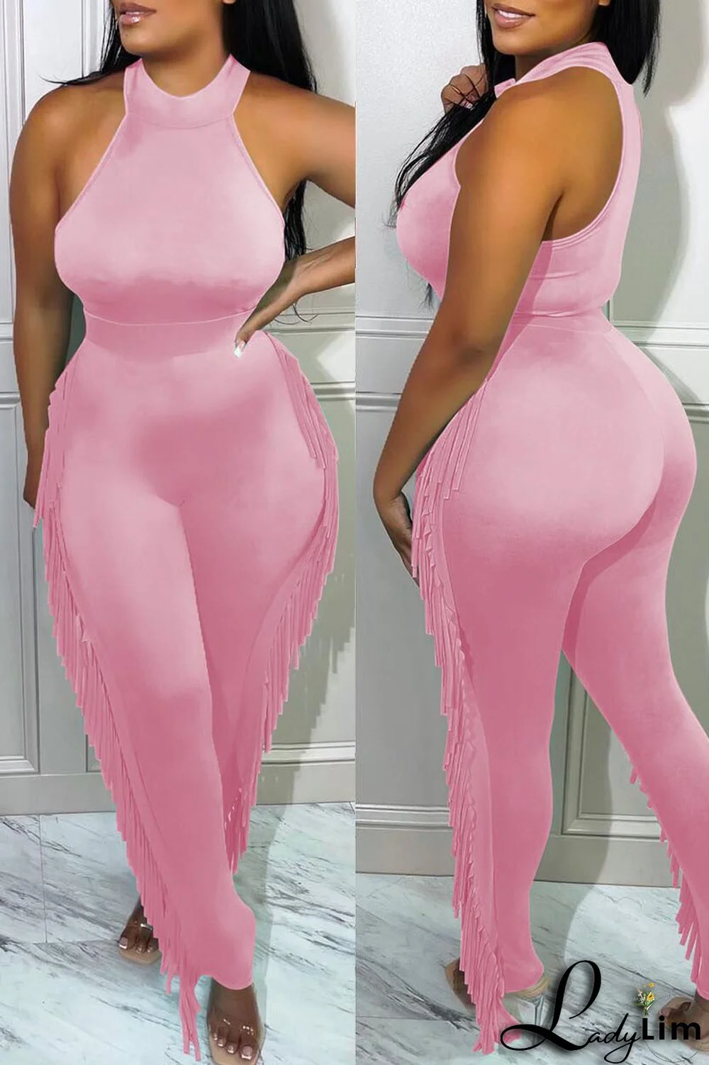 Black Fashion Casual Solid Tassel Patchwork O Neck Sleeveless Two Pieces