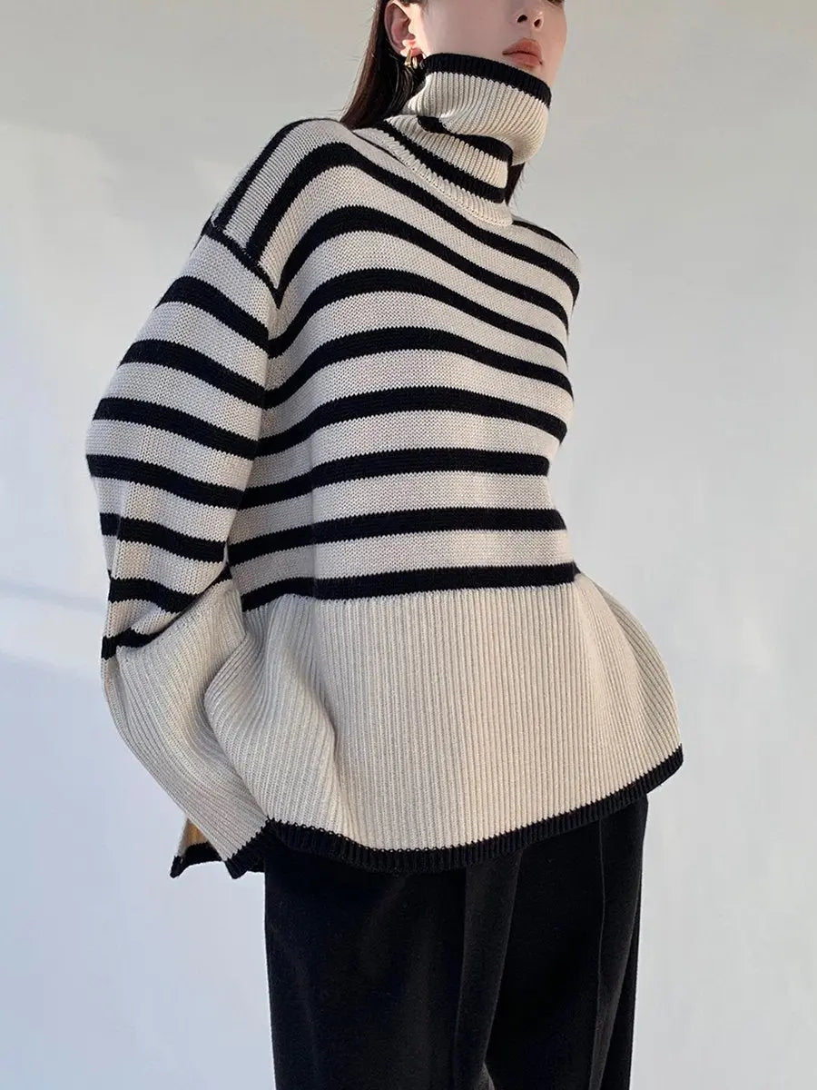 High Neck Striped Loose Knit Sweater