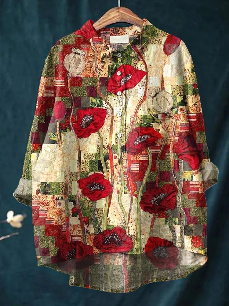 Womens Poppy Pattern Casual Cotton And Linen Shirt