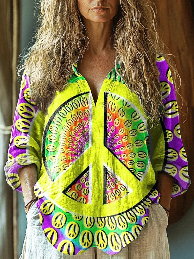Women's Hippie Art Print Casual Linen V-neck Shirt