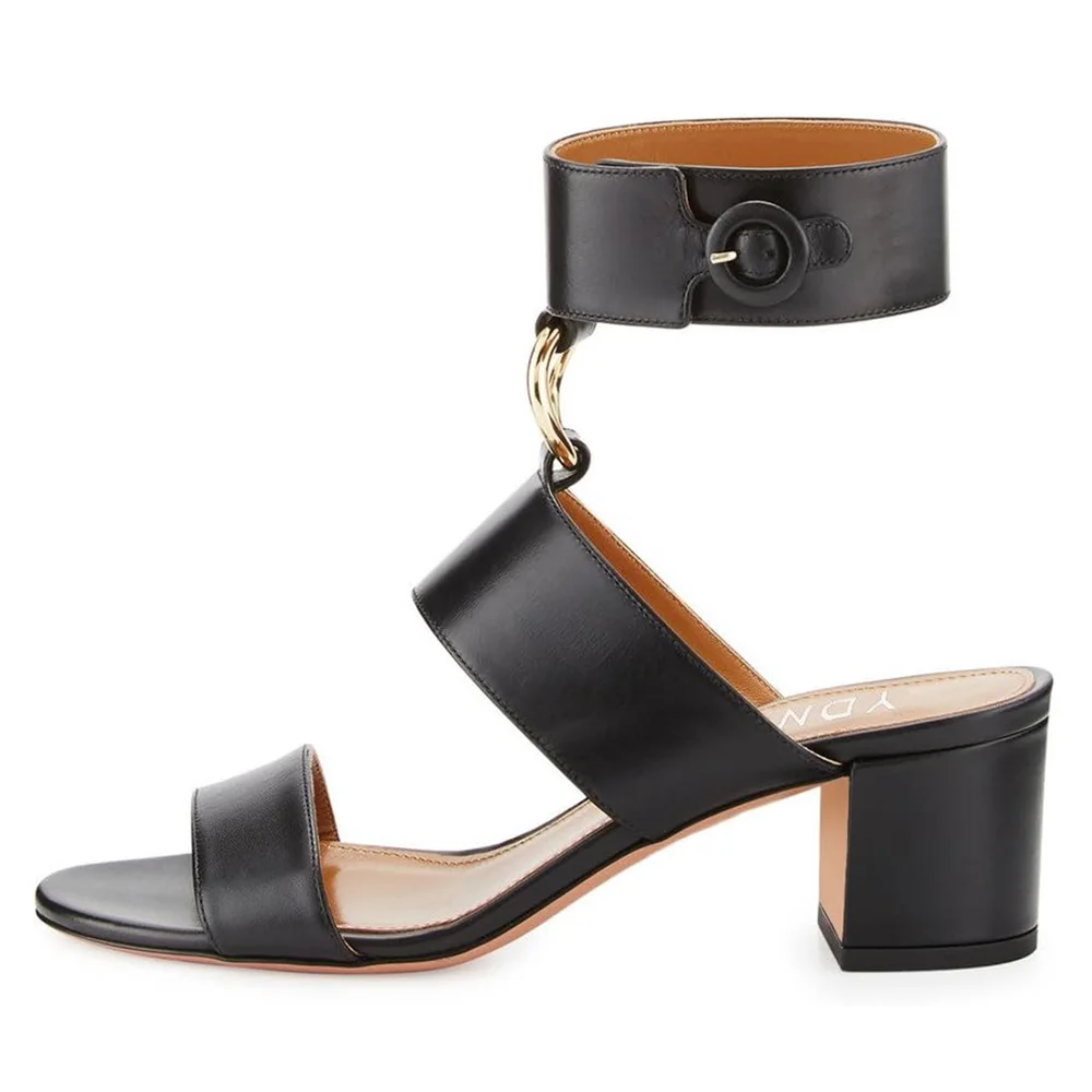 Black Vegan Leather Round Toe Block Heel Sandals with Ankle Strappy