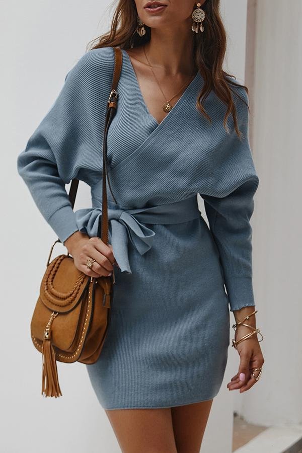 Womens Lace-up Long-sleeved Knitted Dress-Allyzone-Allyzone