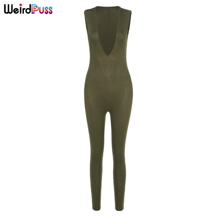 Weird Puss 2021 Summer Ribbed Sleeveless Skinny Jumpsuits Deep v Sexy Activewear Fitness Elastic Streetwear Female Romper Outfit