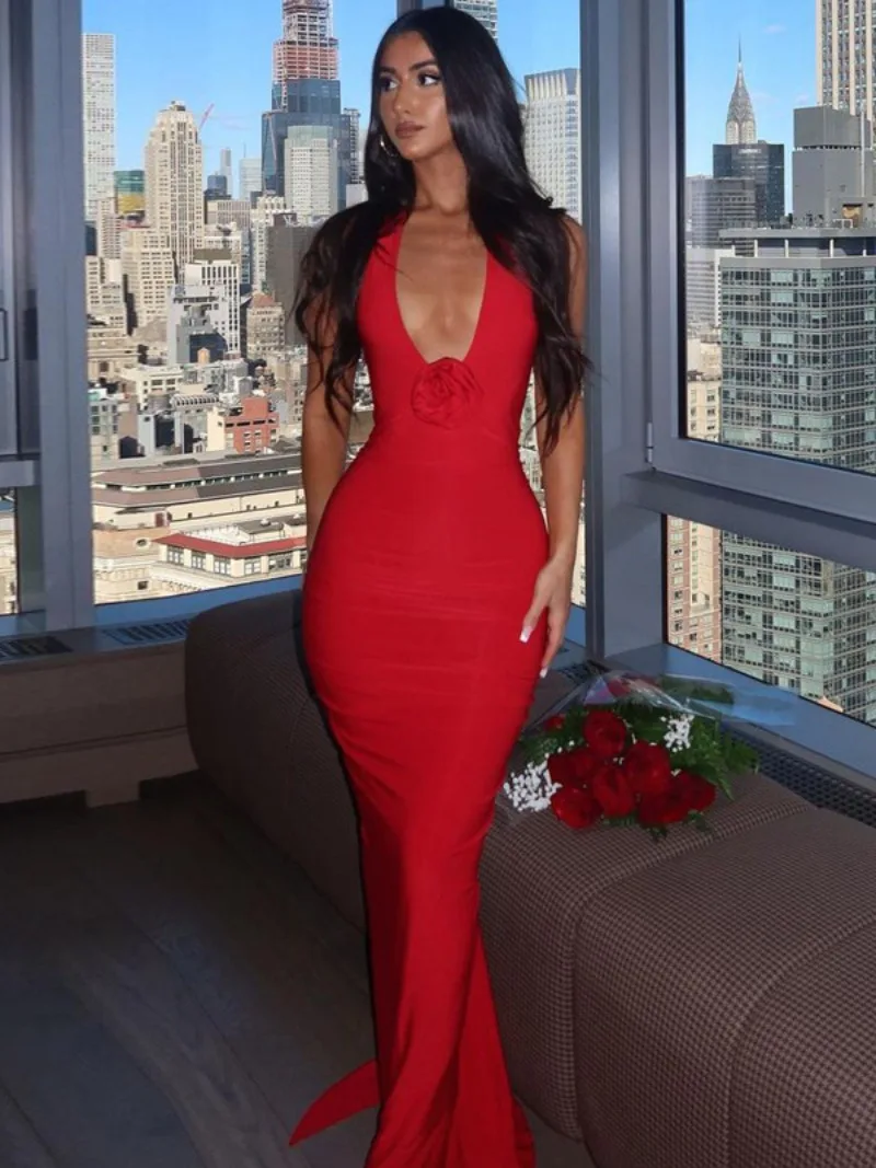 Wicketwarriorss school outfits Fashion Women's Summer Halter Neck Backless Long Maxi Dress Elegant Female Sleeveless Bandage Folds Slim Evening Party Dresses