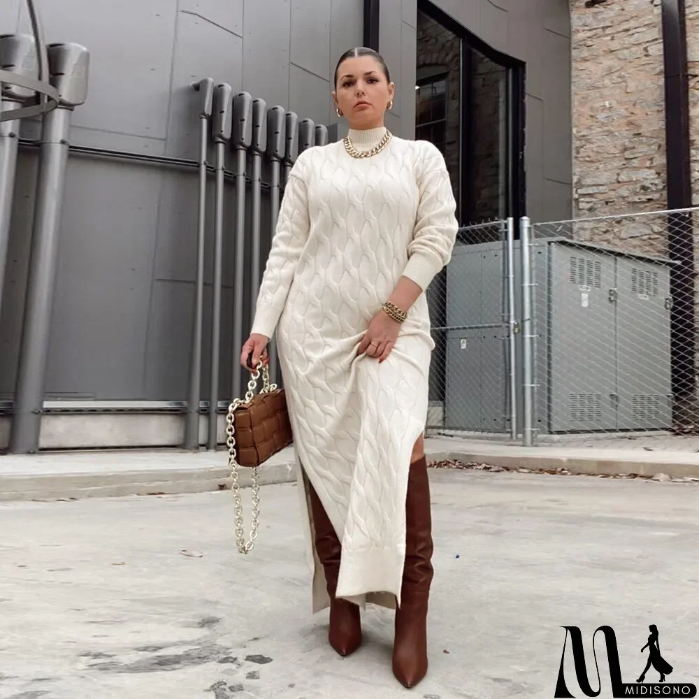 MidiSono - Fashion High Eneck Long Sleeve Slit Long Sweater Dress
