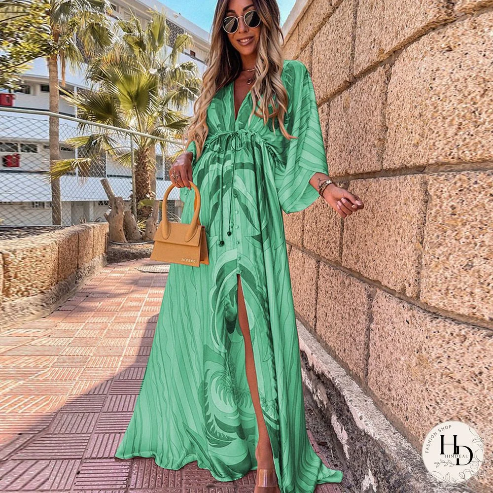 Elegant Deep V Neck Printing Hem Maxi Dresses Women Casual Button Elastic Waist Long Party Dress Summer Loose Slit Beach Dress