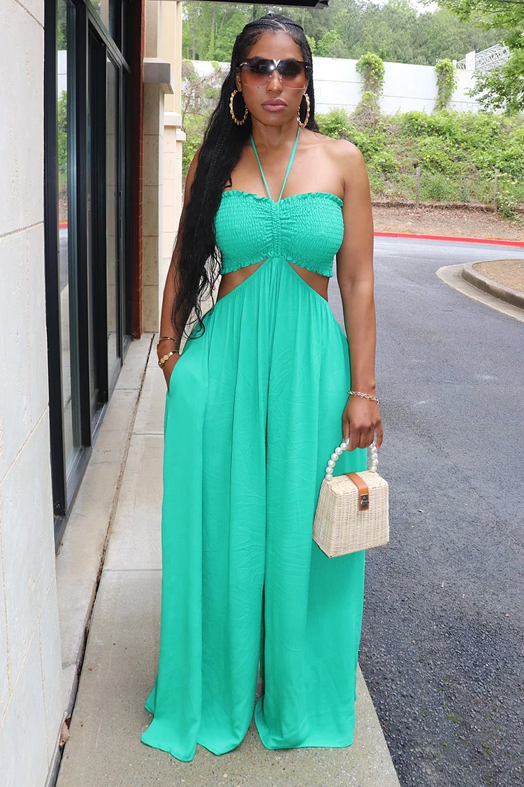 Halter Ruched Ruffle Cut Out Oversized Wide Leg Jumpsuit-Green