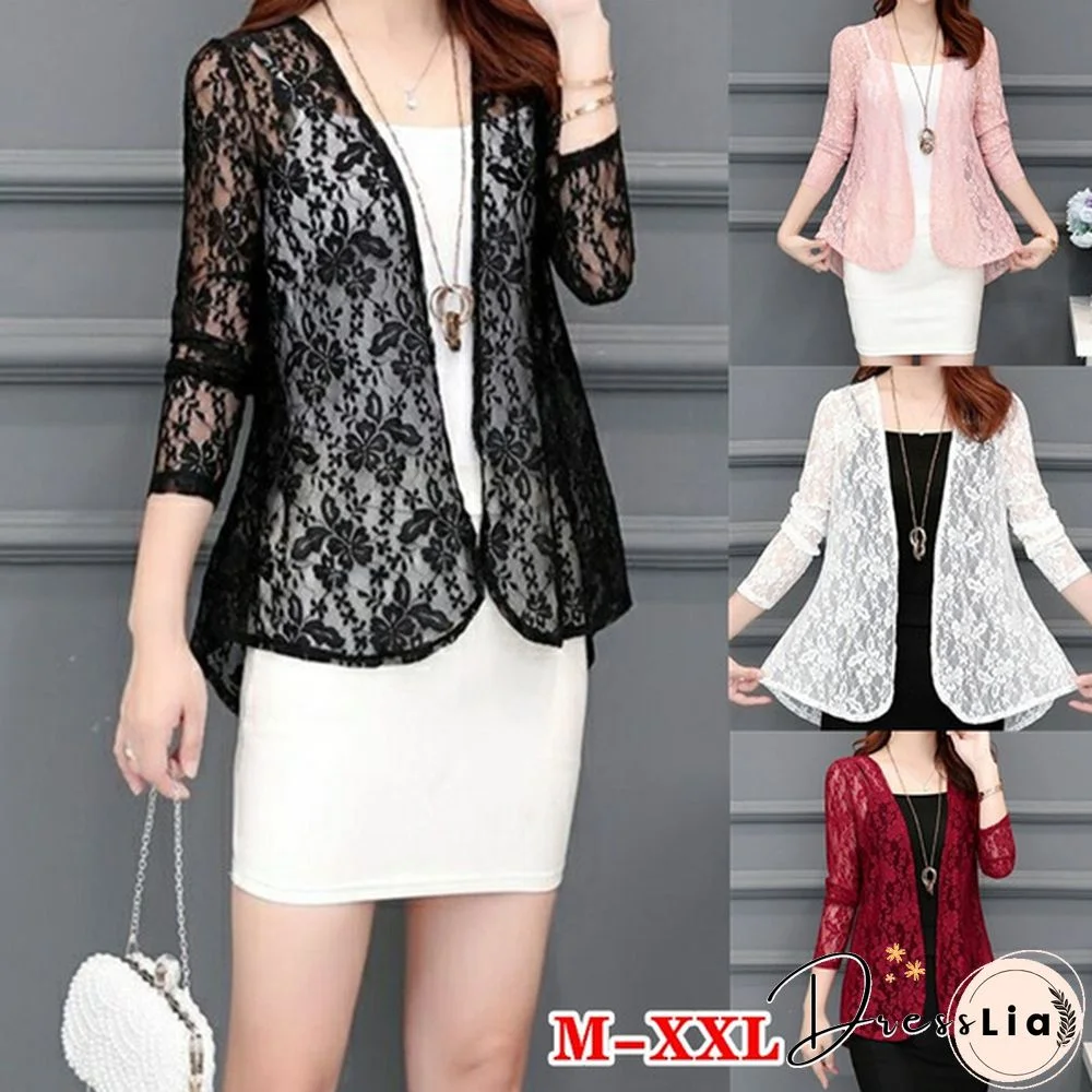 Women Fashion Lace Cardigans Long Sleeves Solid Color Slim Fit Lace Coat Casual Trench Outwear Hollow Out See Through Shirts Spring Autumn Summer Tops Plus Size
