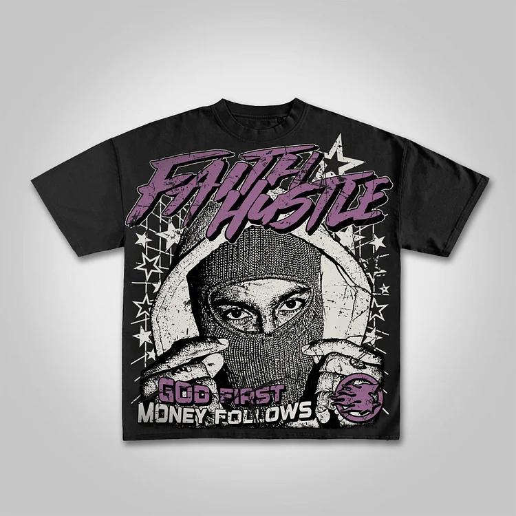 God First Faith Hustle Vintage Street Aged Portrait Graphic Cotton T-shirt