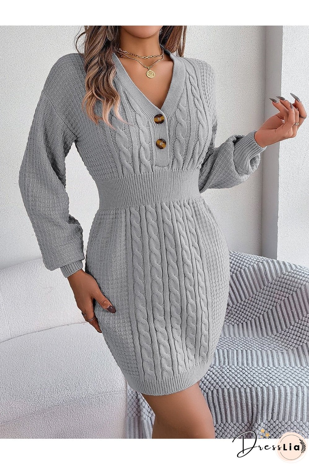 Buttoned Cable-Knit V-Neck Sweater Dress