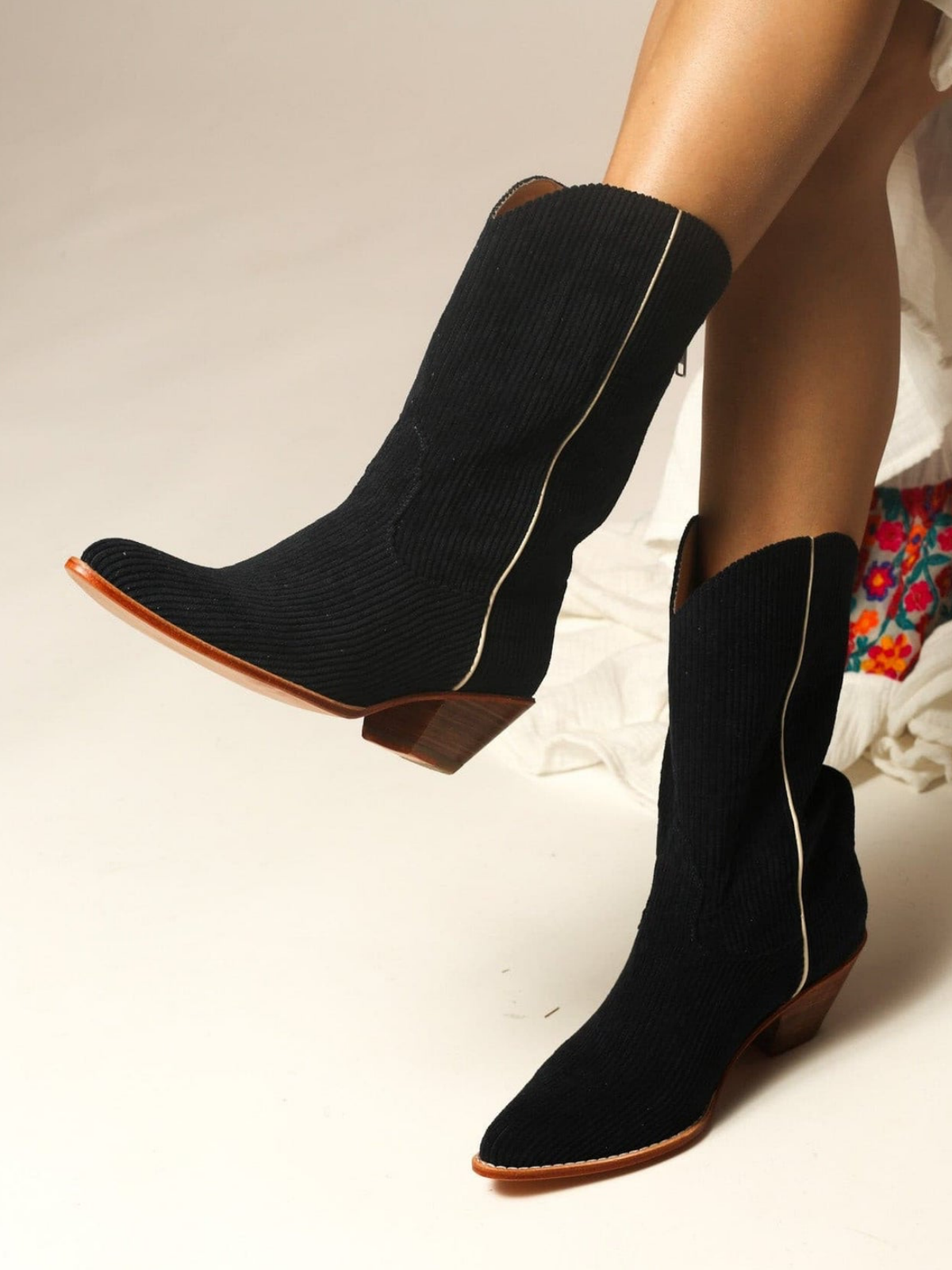 Taafo Black Striped Velveteen Almond-Toe Back-Zip Mid Calf Cowgirl Boots