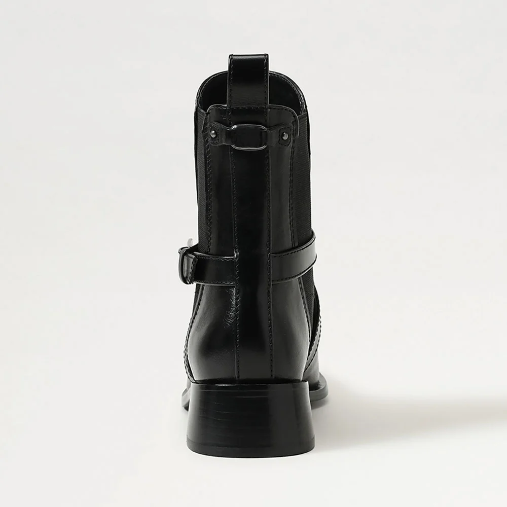 Classic Black Square Toe Chunky Heel Short Boots for Women with Buckle