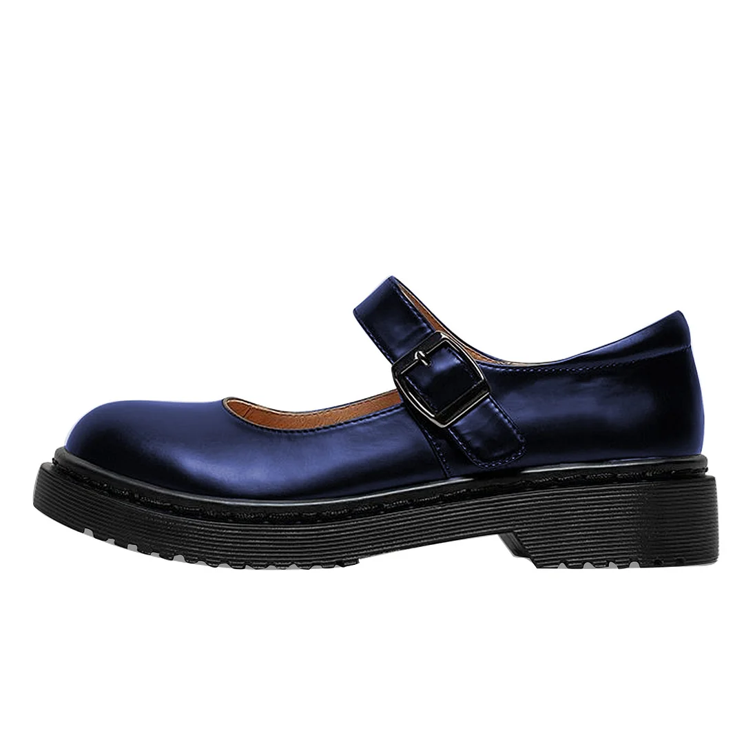 Vegan Leather Round Toe Formal Platform Shiny Blue Mary Janes
