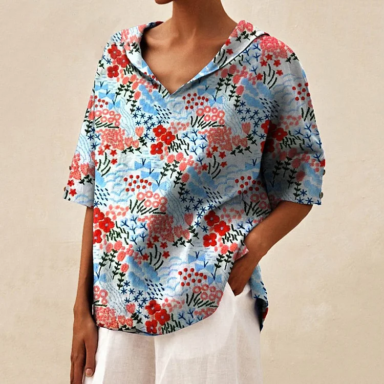 Women'S Art Flowers Casual Linen V-Neck Shirt