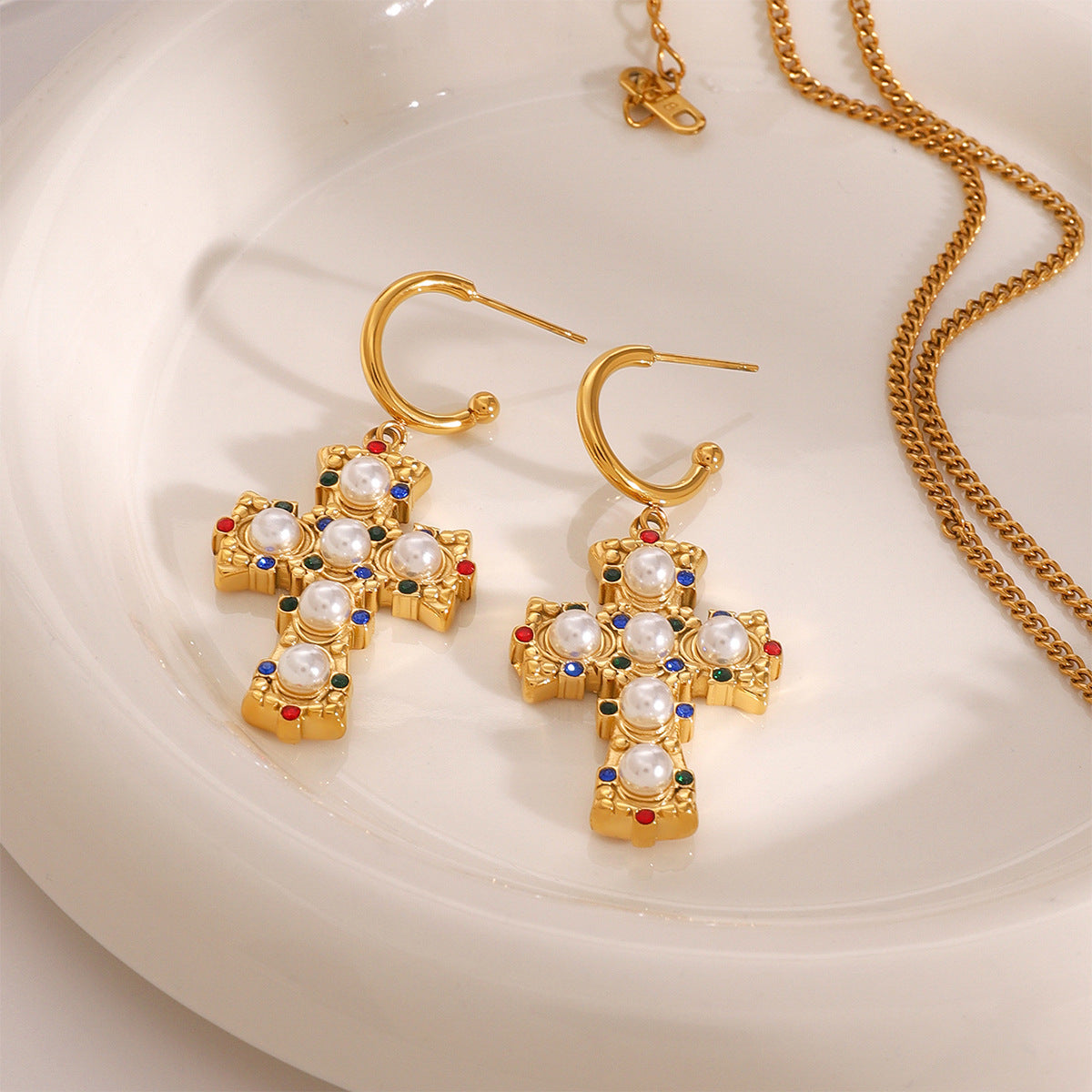 Jie Ding Stainless Steel Colored Diamond Cross Earrings Personalized Earrings Titanium Steel Earrings