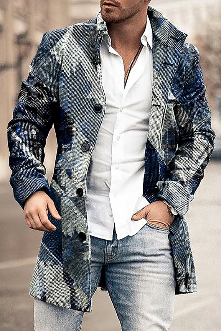 Tiboyz Fashion Grey Blue Geometric Casual Coat