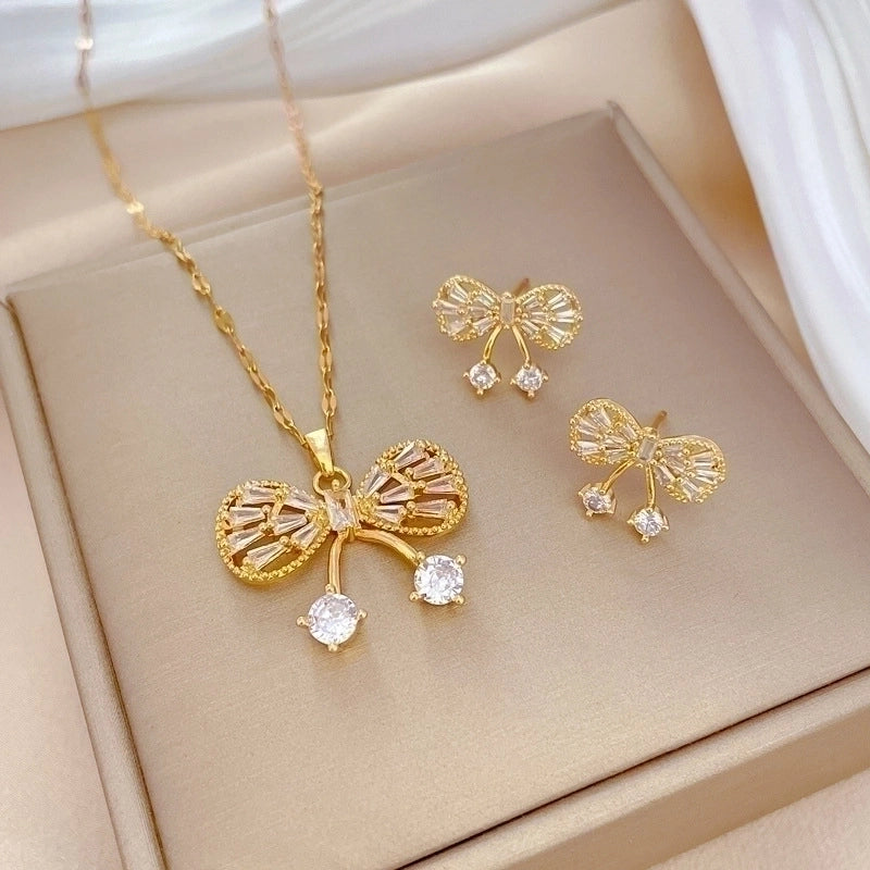 Copper Minimalist Plating Inlay Rhombus Bow Knot Zircon Jewelry Set