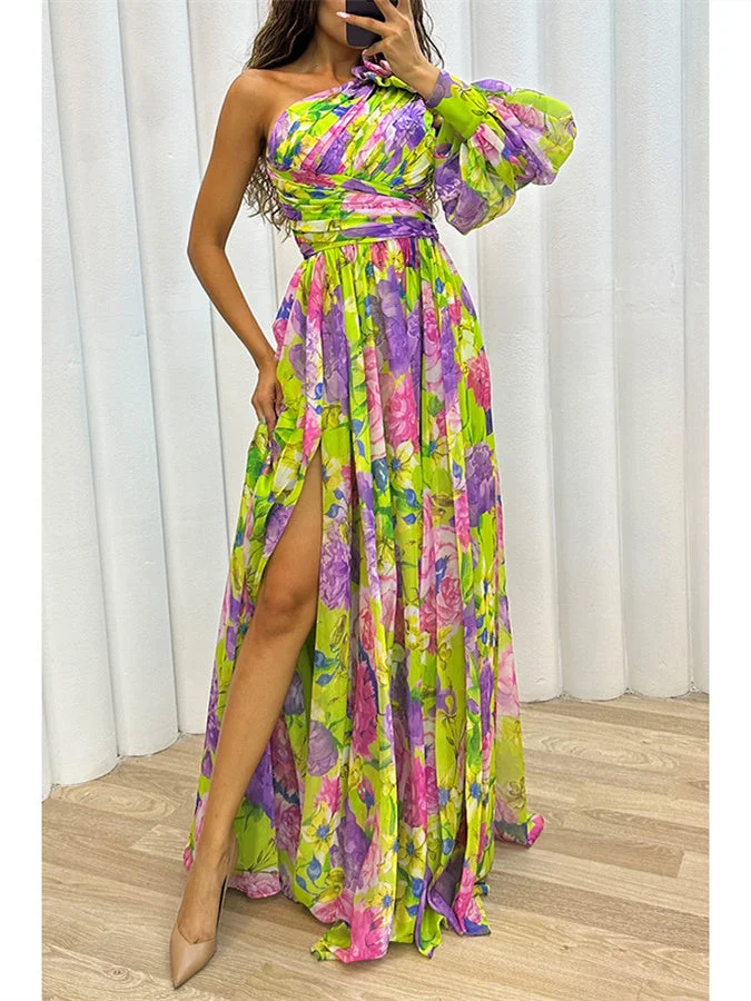 Style & Comfort for Mature Women Women Floral One Shoulder Sexy Long-sleeved dress Maxi Dress