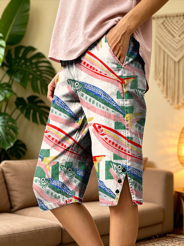Women's Retro Colorful Fish Art Print Casual Washed Cotton Denim Shorts