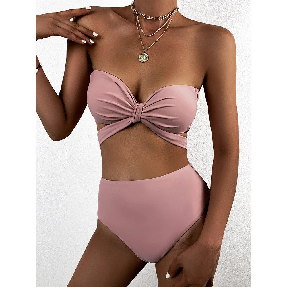 Sexy High Waist Bikini Women Swimsuit 2022 New Arrival Swimwear Hollow Out Print Striped Bathing Suit Beachwear Biquini Female