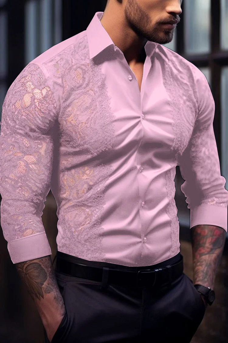 Lace Satin Patchwork Slim Fit Casual Pink Shirt [Pre-Order]