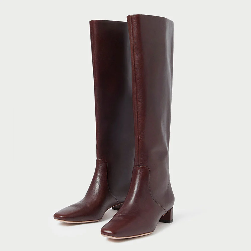Women's Closed Square Toe Pull On Knee High Heeled Boots in Maroon