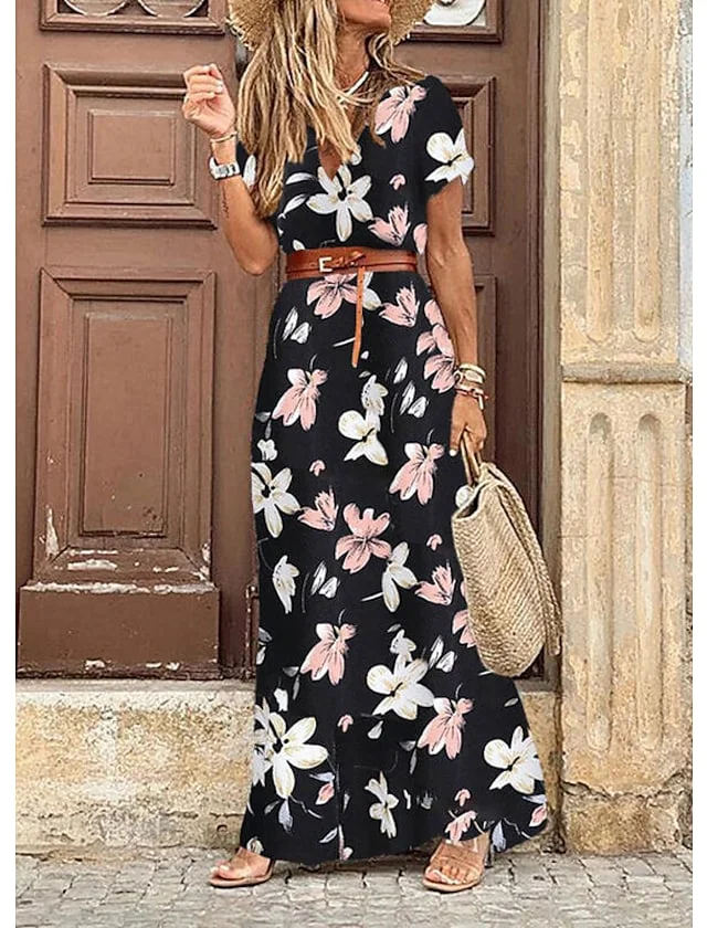 Women's Short Sleeve Printed Color Block Slit Ruffle Button Maxi Dress