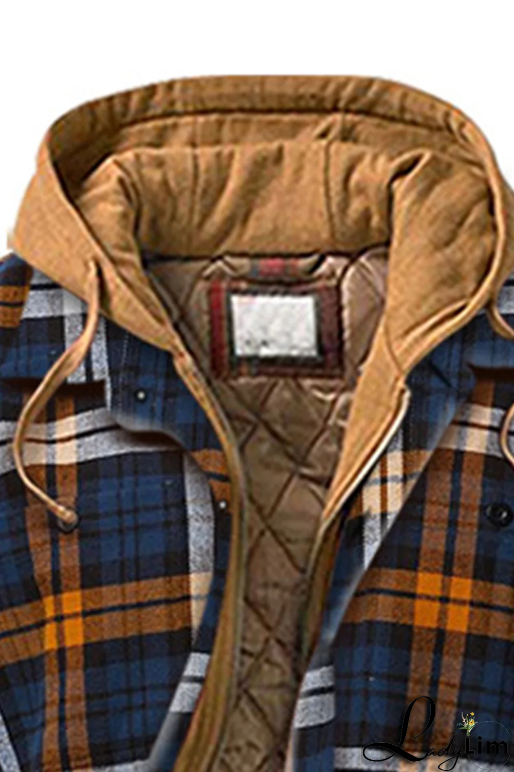 Brown Casual Plaid Draw String Zipper Hooded Collar Outerwear