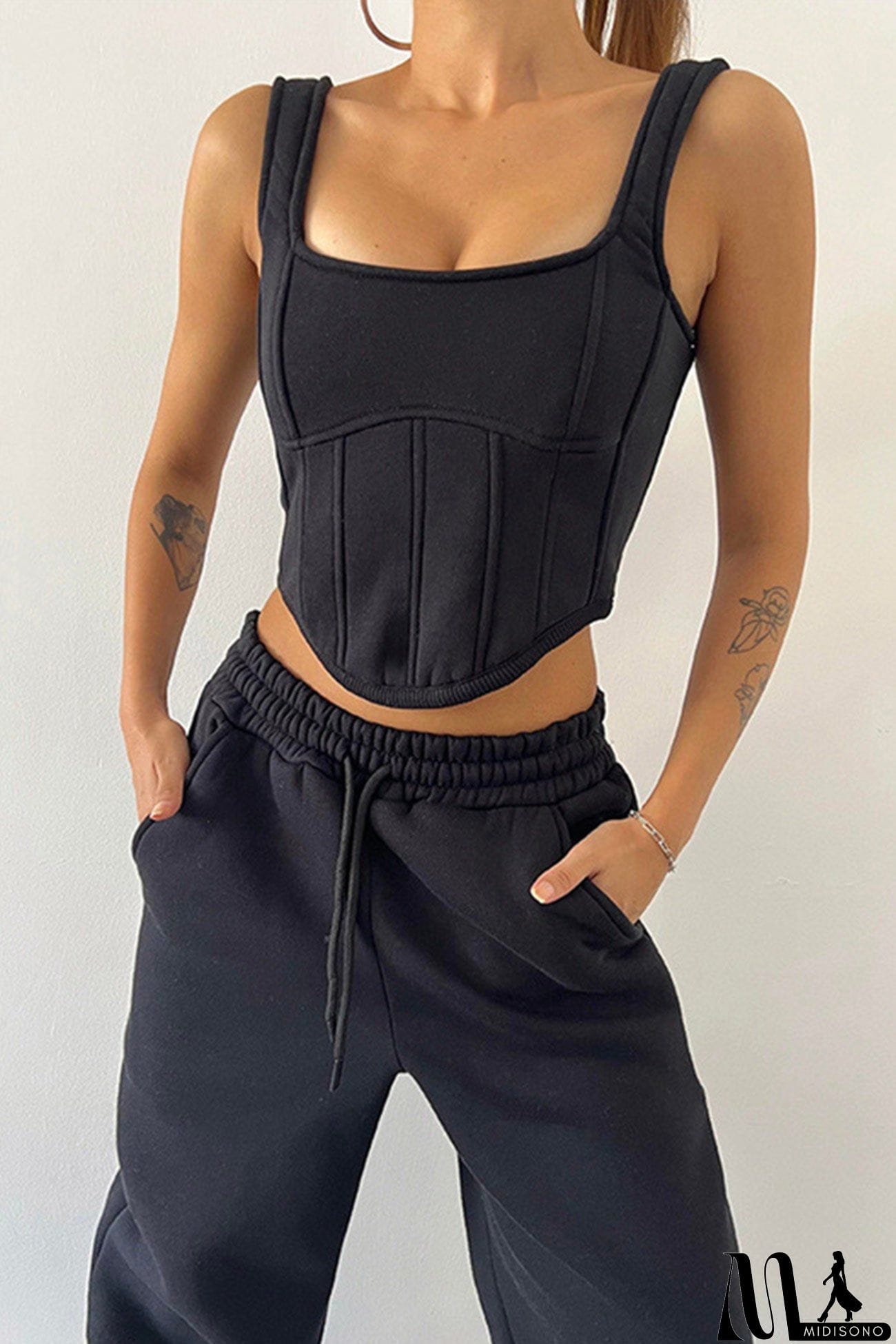 MidiSono - Cover-up Hoodie Corset Vest Three-piece Pants Suits