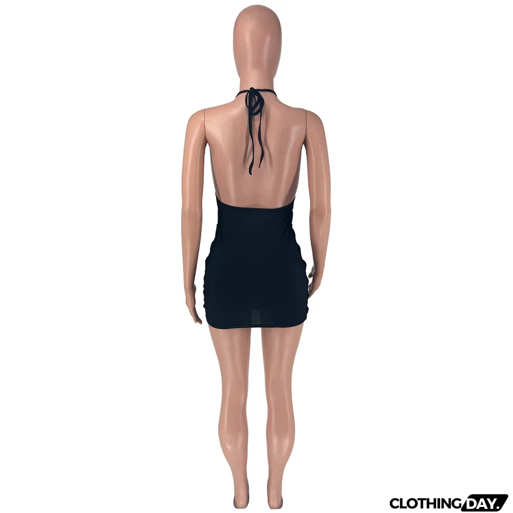 Halterneck Tie Open Back Side Button Dress