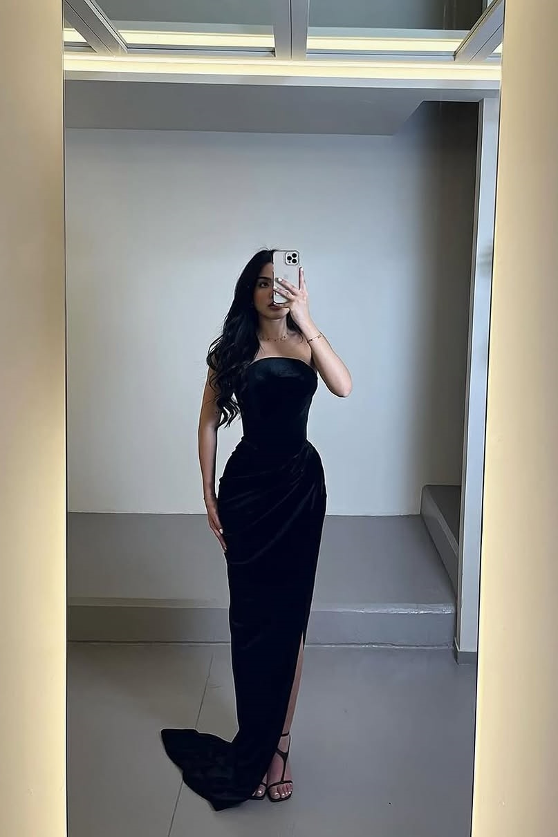 Ovlias Stunning Black Strapless Sheath Pleated Split Prom Dress LY0522