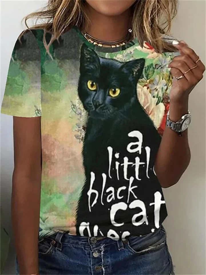 Women's Short-sleeved T-shirt Black Cat Women's Tops Round Neck Green