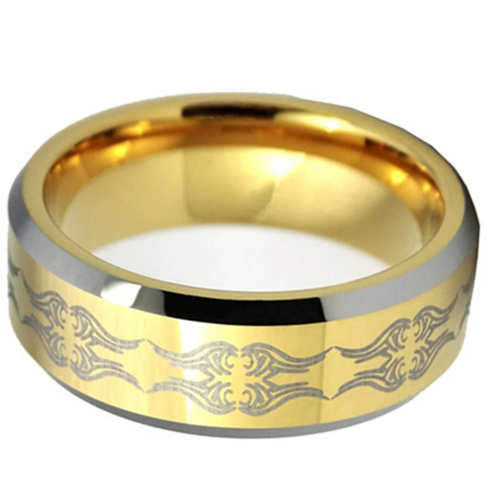 8MM Gold Tungsten Carbide Bevel Edge Laser Patern Men Wedding Band Rings
