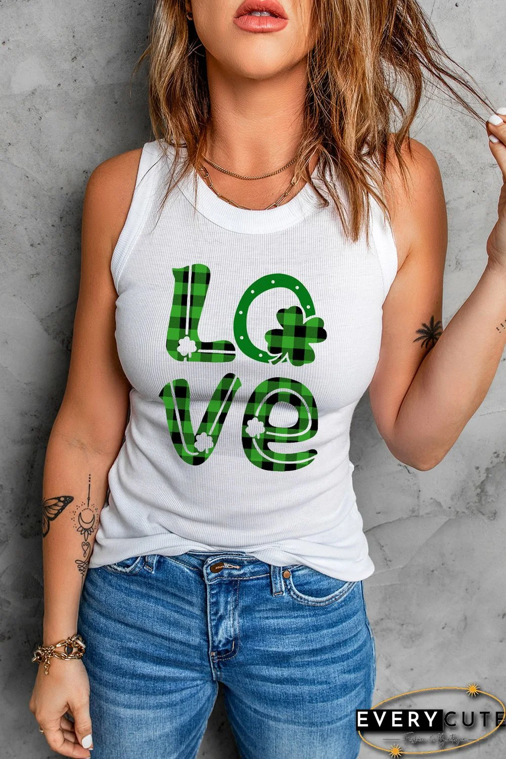 White LOVE Plaid Clover Print Ribbed Crew Neck Tank Top