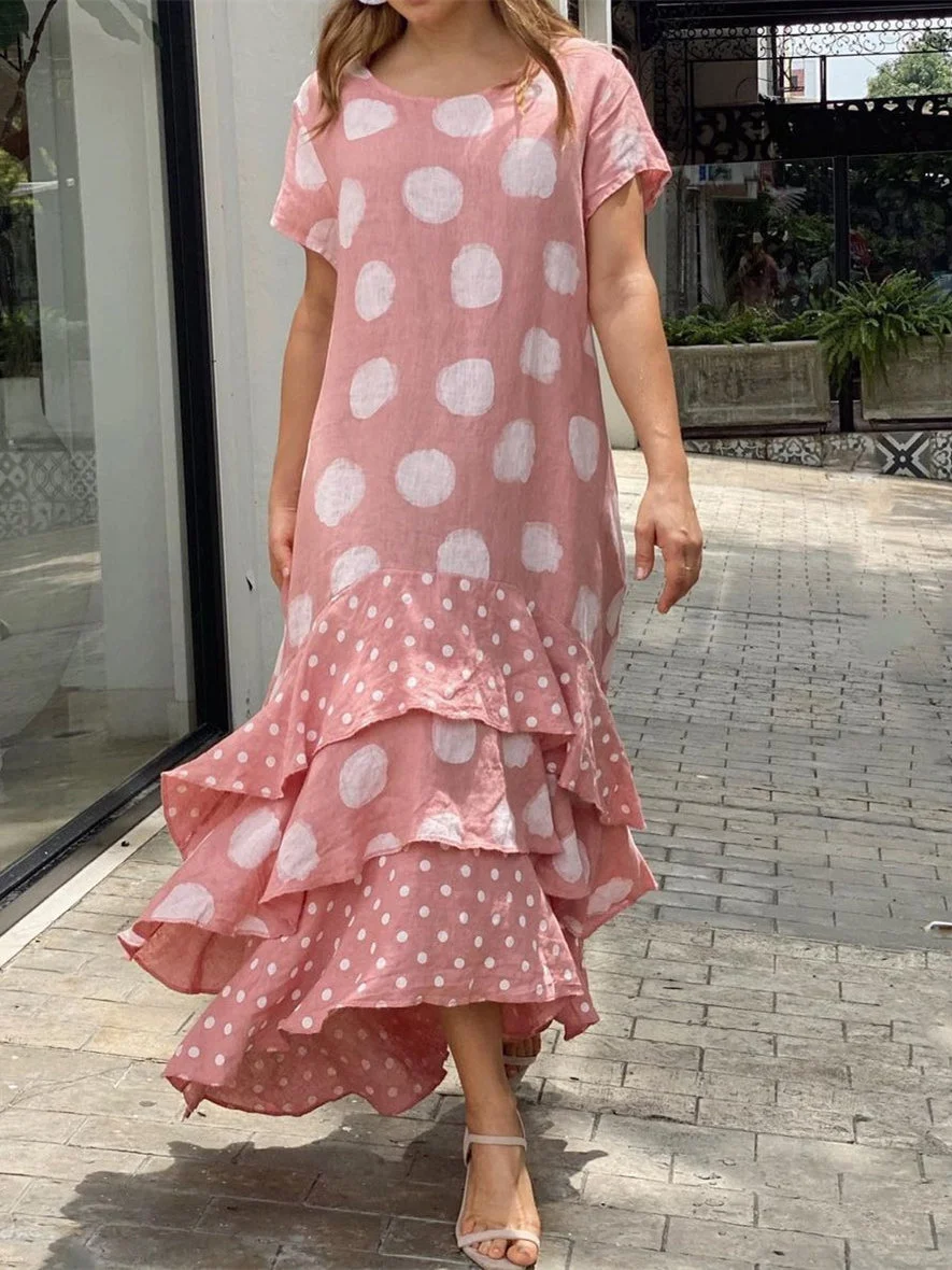 Style & Comfort for Mature Women Women's Short Sleeve Scoop Neck Polka Dot Stitching Midi Dress