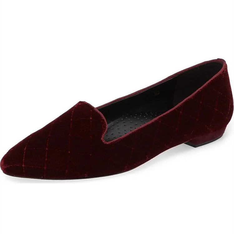 Maroon Velvet Comfortable Flats Almond Toe Plaid Women's Loafers |FSJ Shoes