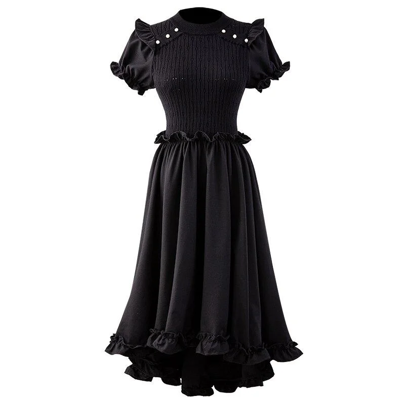ABEBEY Elegant Black Dress For Women O Neck Puff Short Sleeve High Waist Patchwork A Line Midi Dresses Female Summer 2023