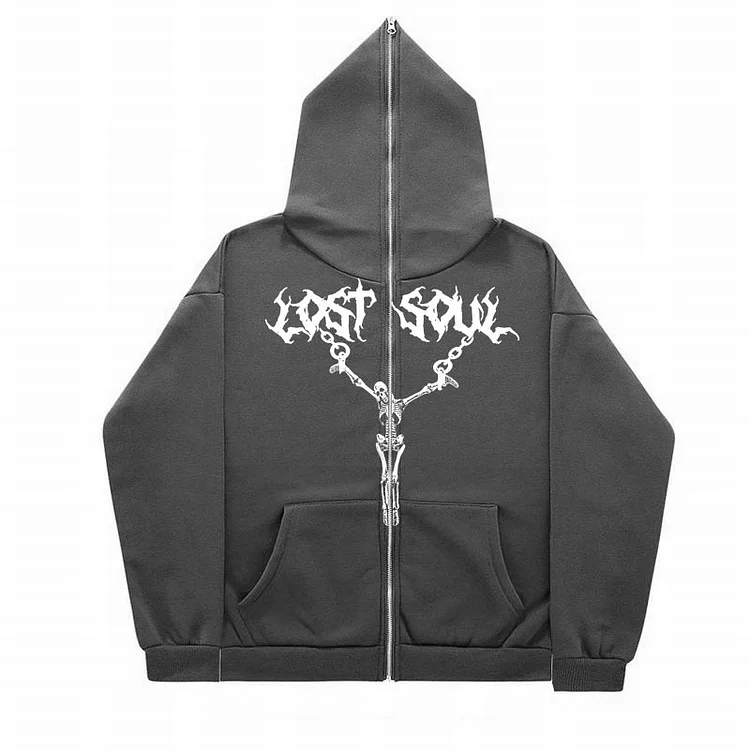 Y2K  Full Zip Up Hoodies Coat Hip Hop Streetwear Sweatshirt Print Goth Hoodie-VESSFUL