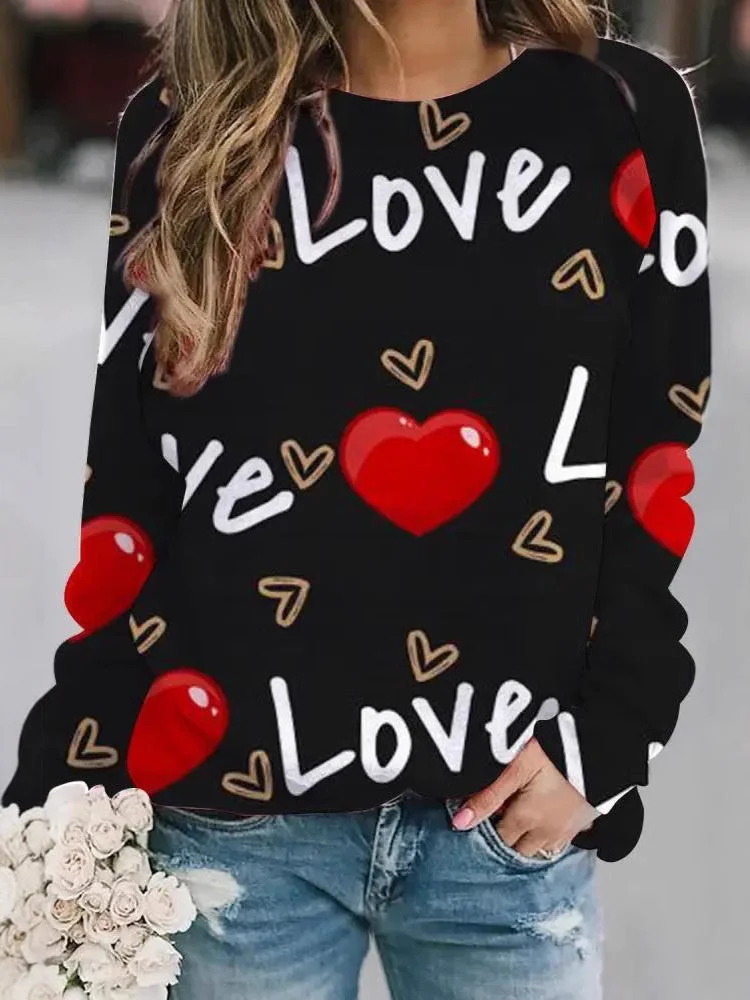 Women's Long Sleeve Scoop Neck Love Printed Graphic Tops