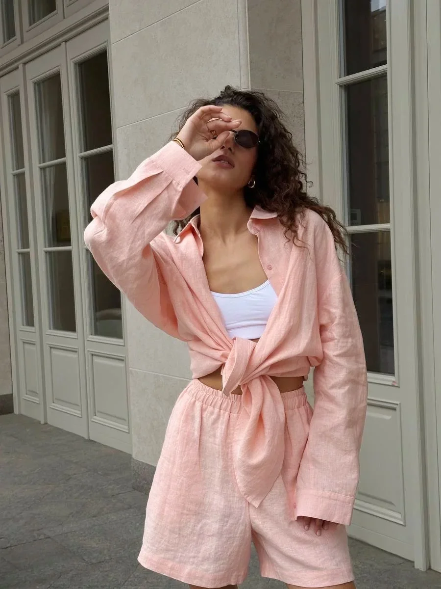 Nigikala Nigikala Open-Shirt Shorts Set 2025 Spring And Summer Wear Simple Solid Color Casual Suit