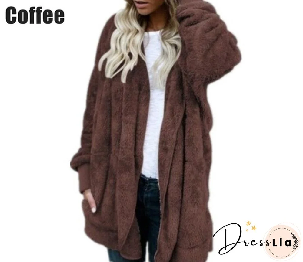 New Women’s Fashion Winter Warm Outwear Solid Color Long Sleeve Sweaters Hoodies Coats Loose Plush Cardigan Coat