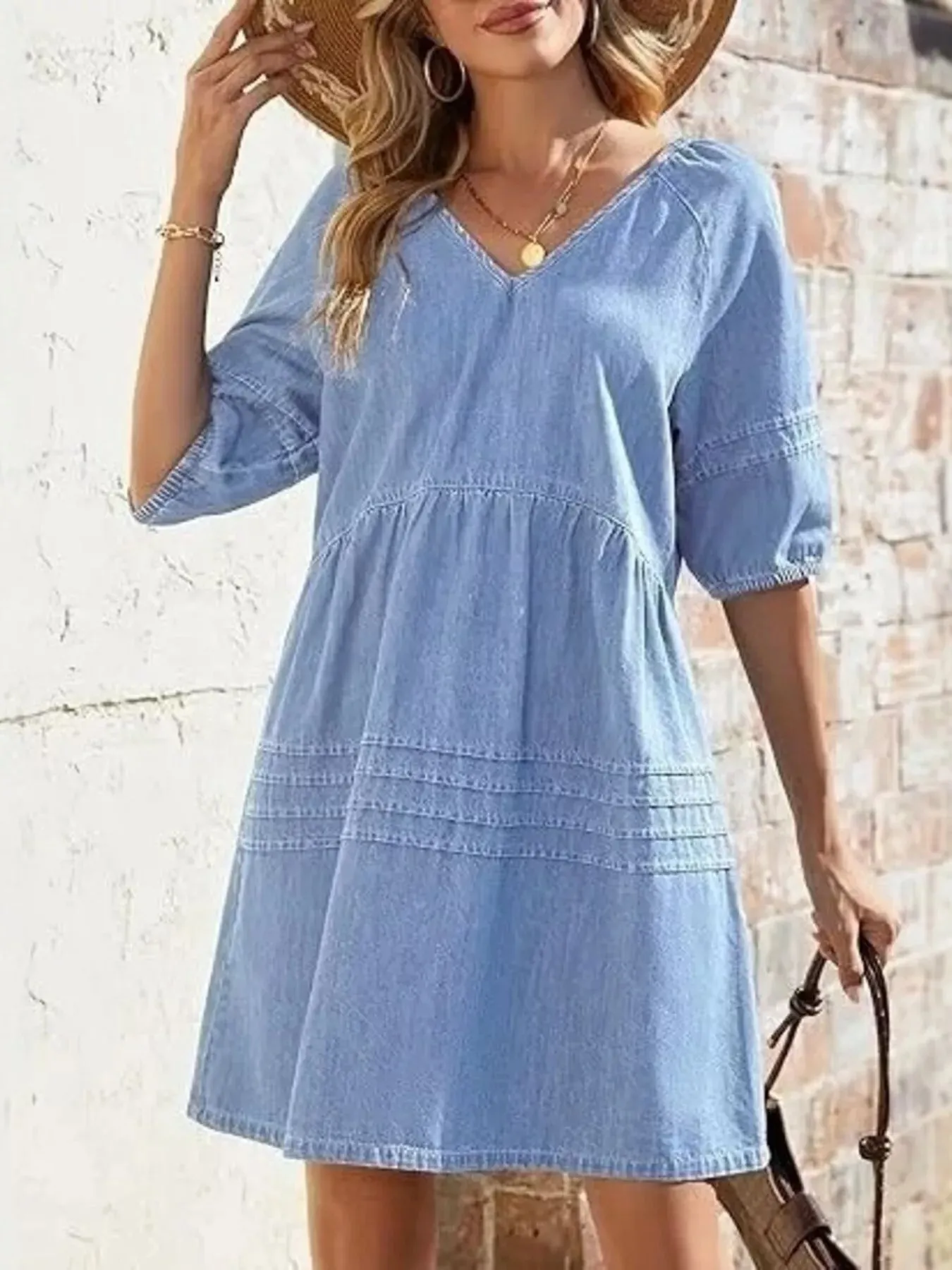 Casual V-Neck Puff Sleeve Denim Mini Dress mysite idetrend