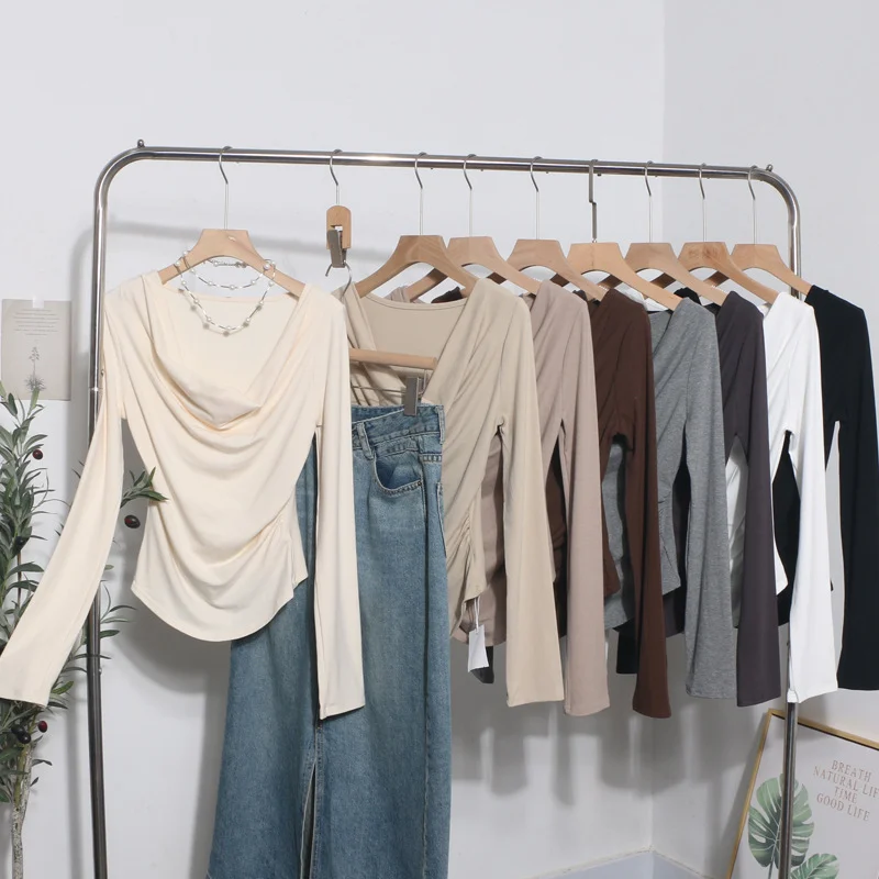 Uveng Real Shooting 褶皱 Irregular Swing Long Sleeve T-Shirt Women's Autumn/Winter New Dressed T-Shirt With A Top 1265